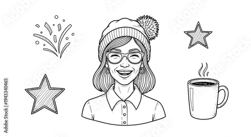 A stylish young woman wearing glasses and a beanie smiles broadly in this black and white drawing, surrounded by stars, confetti, and a comforting coffee mug.