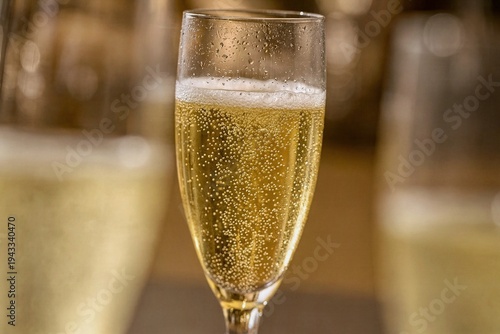 Champagne sparkles in an elegant glass with golden bubbles toasting the night away.