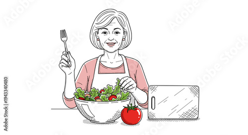 A cheerful older woman mixes a fresh salad with a fork, near a ripe tomato and cutting board, depicting healthy food.