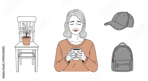 A young woman in a cozy sweater holds a warm mug with closed eyes, reflecting calmly, surrounded by a plant and backpack.