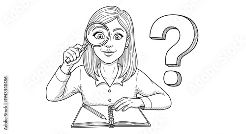 A surprised young woman intently examines a notebook with a magnifying glass, next to a pencil and a large question mark.
