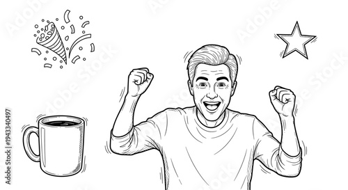 A cheerful man with raised fists celebrates success, next to confetti, a prominent star, and a warm mug.
