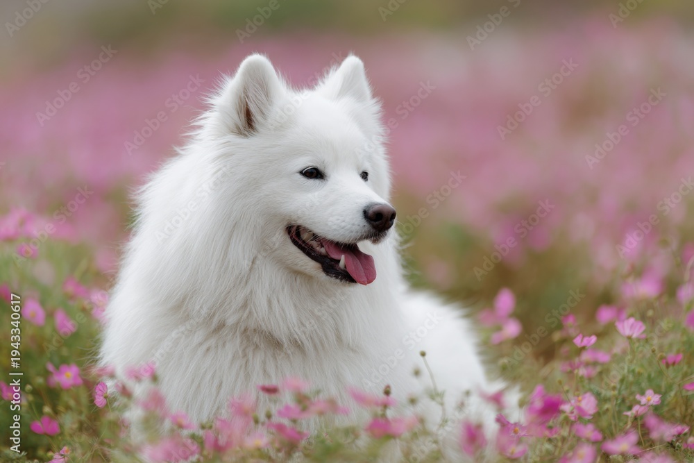 Fototapeta premium Relaxed white samoyed dog lying in a carpet of pink wildflowers peaceful fluffy pet in spring meadow closeup
