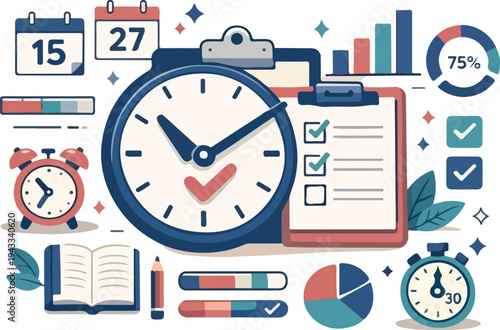 Productivity and Time Management Workflow Concept with Clock Checklist Calendar and Task Planning Tools Modern Flat Vector Illustration