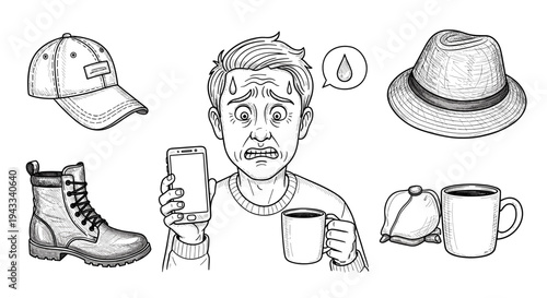 A visibly distressed, sweaty man clutches a water bottle and coffee cup, surrounded by a cap, fedora, and boot, symbolizing exhaustion.
