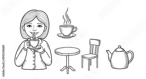 A smiling woman happily sips from a cup, near a steaming coffee, an empty table, chair, and a traditional teapot.