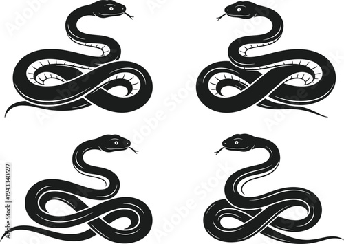 Snake silhouette collection set, coiled serpent reptile illustrations, dangerous wildlife animal design isolated black vector snake icons