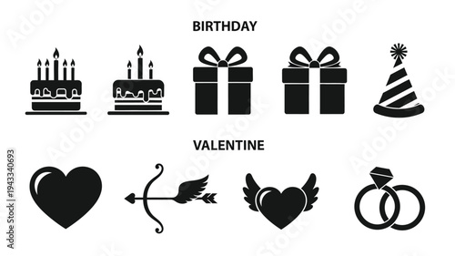 Birthday and valentine themed icons in a distinct black silhouette