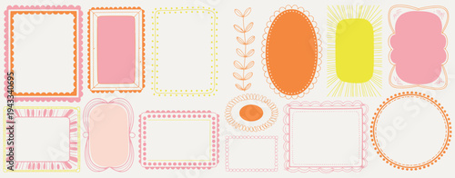 Hand Drawn Doodle Frame Vector Set, Colorful Border Collection with Minimal Square, Arch, and Rectangle Shapes, Retro Empty Banners, Posters, Placards, and Postal Stamp Decorative Frames