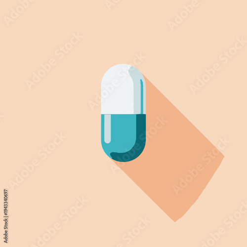 Minimalist Image of a Single Green and White Pill on a Soft Peach Background with Long Shadow Symbolizing Modern Medicine and Healthcare Concept