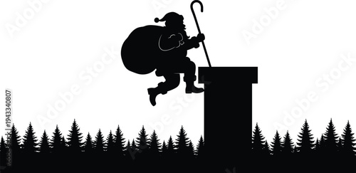 Santa Claus climbing chimney silhouette, Christmas night vector illustration with sack and cane above pine forest festive holiday scene