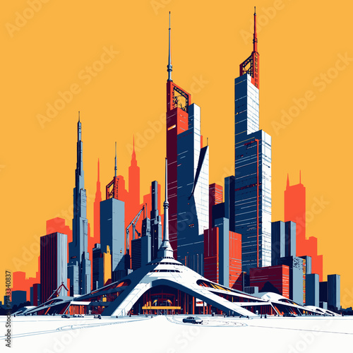 Futuristic Urban Skyline: Sleek Skyscrapers Rise Against a Bold Yellow Sky, Featuring Geometrically Intricate Architecture and Modern Design Elements