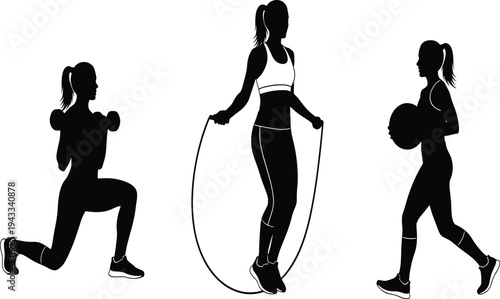 Fitness silhouettes, dumbbell lunge, jump rope exercise, medicine ball training, strength workout, cardio activity, functional fitness, healthy lifestyle illustration artwork