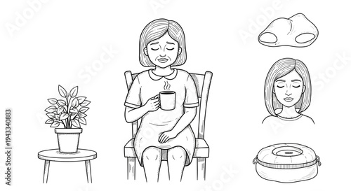 A pregnant woman sits peacefully, holding a steaming mug, surrounded by items suggesting relaxation, comfort, and domestic life.