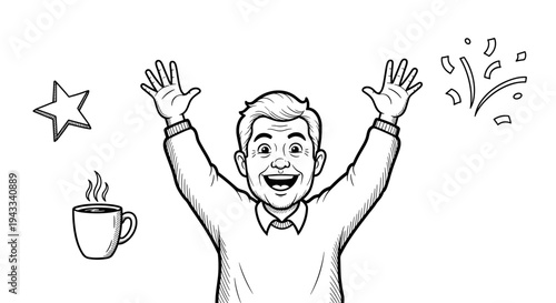 A joyful man celebrates with hands raised high, surrounded by festive elements and a comforting beverage.