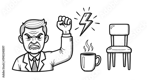 An angry man with a raised fist depicts intense frustration or power, accompanied by symbols of energy and everyday objects.