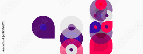Abstract composition featuring overlapping circles. Various shades purple, pink, white create dynamic visual effect. Minimalist design.