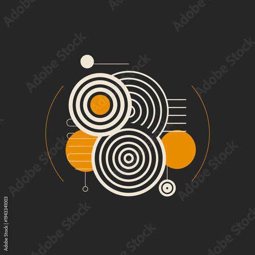 Abstract geometric design with circles lines and orange accents on dark background