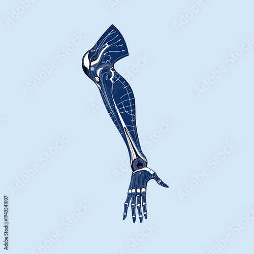 Futuristic Robotic Arm with Blue Metallic Structure and Intricate Circuitry Design on Light Background