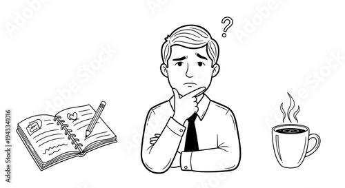 A thoughtful man with a question mark above his head ponders deeply, alongside an open notebook, a pen, and a steaming cup of coffee.