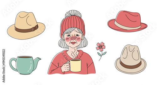 A woman with cold symptoms, wearing a warm hat and holding a mug, seeks comfort amidst decorative hats, a teapot, and a flower.