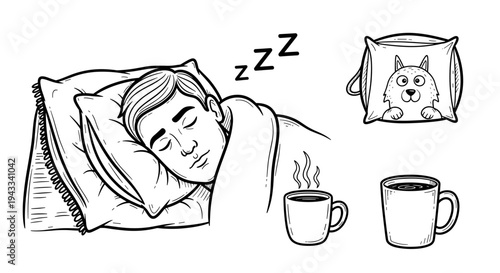 A man sleeps soundly in bed, indicated by "Zzz" symbols, next to a pillow featuring a cat face and two cups.
