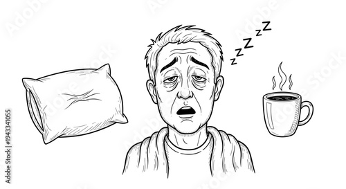An exhausted man with heavy eyes and an open mouth struggles against sleep, depicted with "Zzz" symbols, a pillow, and a steaming coffee mug.