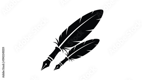 Elegant feather and quill pen design in stark black silhouette