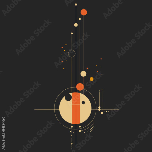 Abstract geometric design with circles lines and orange accents on dark background