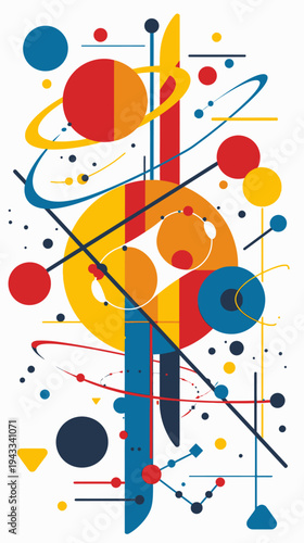 Abstract geometric design with circles lines and shapes in primary colors