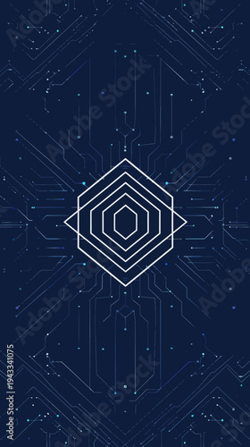 Abstract geometric design with circuitry elements on a dark blue background