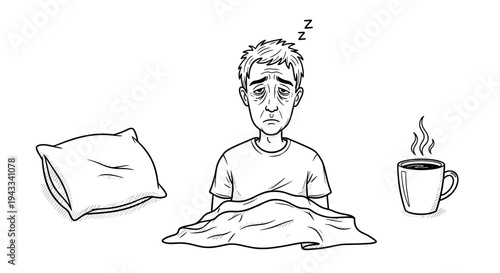 A man deeply fatigued and wrapped in a blanket, with "Zzz" symbols, longs for sleep, accompanied by a pillow and a steaming coffee mug.