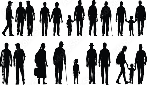 Human diversity silhouettes, adults children elderly, walking together, holding hands, social interaction, family groups, generational progression, inclusive community illustration