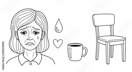 A visibly sad woman sheds tears with visible teardrops, accompanied by a heart symbol, a coffee mug, and a simple wooden chair.