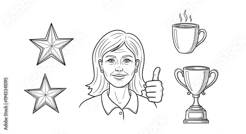 A cheerful woman with a bright smile gives a thumbs-up gesture, surrounded by two stars, a coffee mug, and a prestigious trophy.