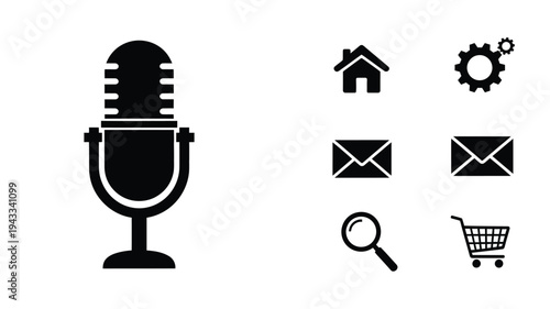 Black icons depicting a microphone mail and shopping silhouette