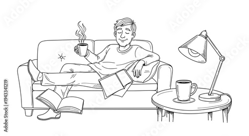 A relaxed man unwinds comfortably on a sofa, enjoying a steaming coffee cup and reading a book, with another book and a side table nearby.