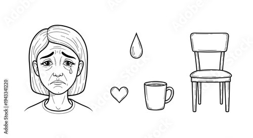 A sad woman with tears streaming down her face is depicted alongside a single tear drop, a heart, a mug, and an empty chair.