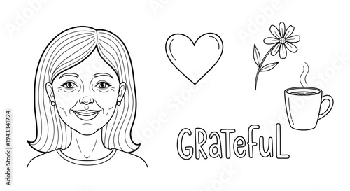 A kind woman with a gentle smile is presented with a heart, a blooming flower, a steaming mug, and the word "GRATEFUL."