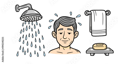 A cartoon illustration depicts a senior man with gray hair enjoying a refreshing shower, accompanied by soap and a towel.