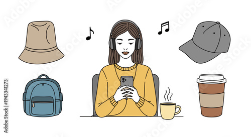 A woman wearing headphones listens to music on her phone, surrounded by casual accessories like hats, a backpack, and coffee cups.