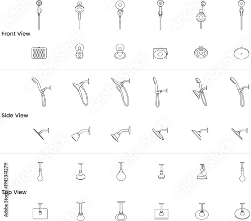 Shower Head Set, Front, Side, Top View, Hand Shower and Rain Shower, Bathroom Fixtures, Architectural, Blueprint, Vector
