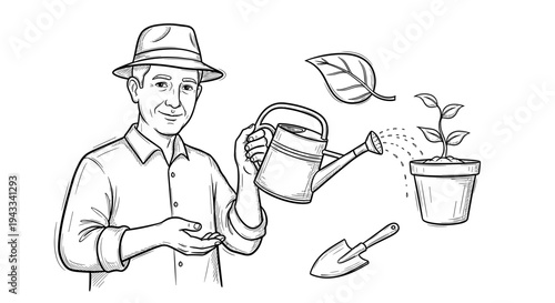 A smiling man in a hat holds a watering can, ready to tend to a potted plant, with gardening tools and a leaf nearby.