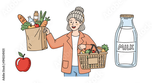 A cheerful woman holds a full grocery paper bag and a basket brimming with fresh produce and other purchases, proudly showcasing her healthy food haul, with a ripe red apple and a bottle of milk.