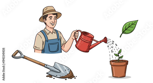 A cheerful farmer, wearing a wide-brimmed hat and overalls, gently waters a newly potted plant with a red watering can, symbolizing growth and care, with a shovel and a fresh green leaf nearby.