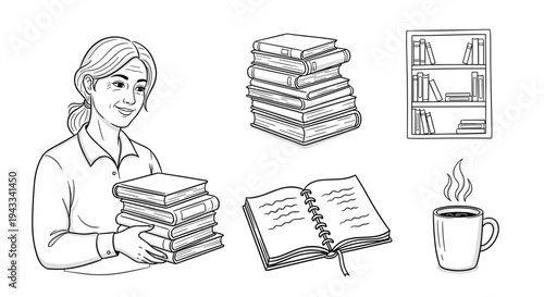 A studious woman holds a stack of books, surrounded by more books piled high, a bookshelf filled with volumes, an open book, and a steaming mug, signifying a love for reading and learning.