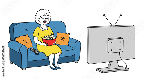 A smiling elderly woman with curly white hair comfortably seated on a blue sofa, enjoying a movie with a bowl of popcorn and a remote control nearby, watching television.