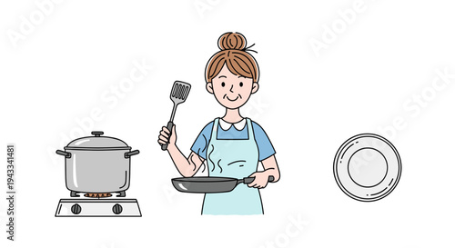 A cheerful woman with an apron and her hair in a bun is actively cooking, holding a frying pan and a spatula near a simmering pot on a stove, with an empty plate ready.
