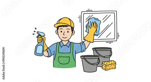 A diligent man wearing a cap, apron, and gloves is thoroughly cleaning a mirror with a spray bottle and cloth, surrounded by cleaning buckets and a sponge.