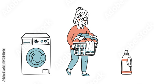 A determined woman is carrying a full laundry basket towards a front-loading washing machine, with a bottle of detergent nearby, ready for household chores.
